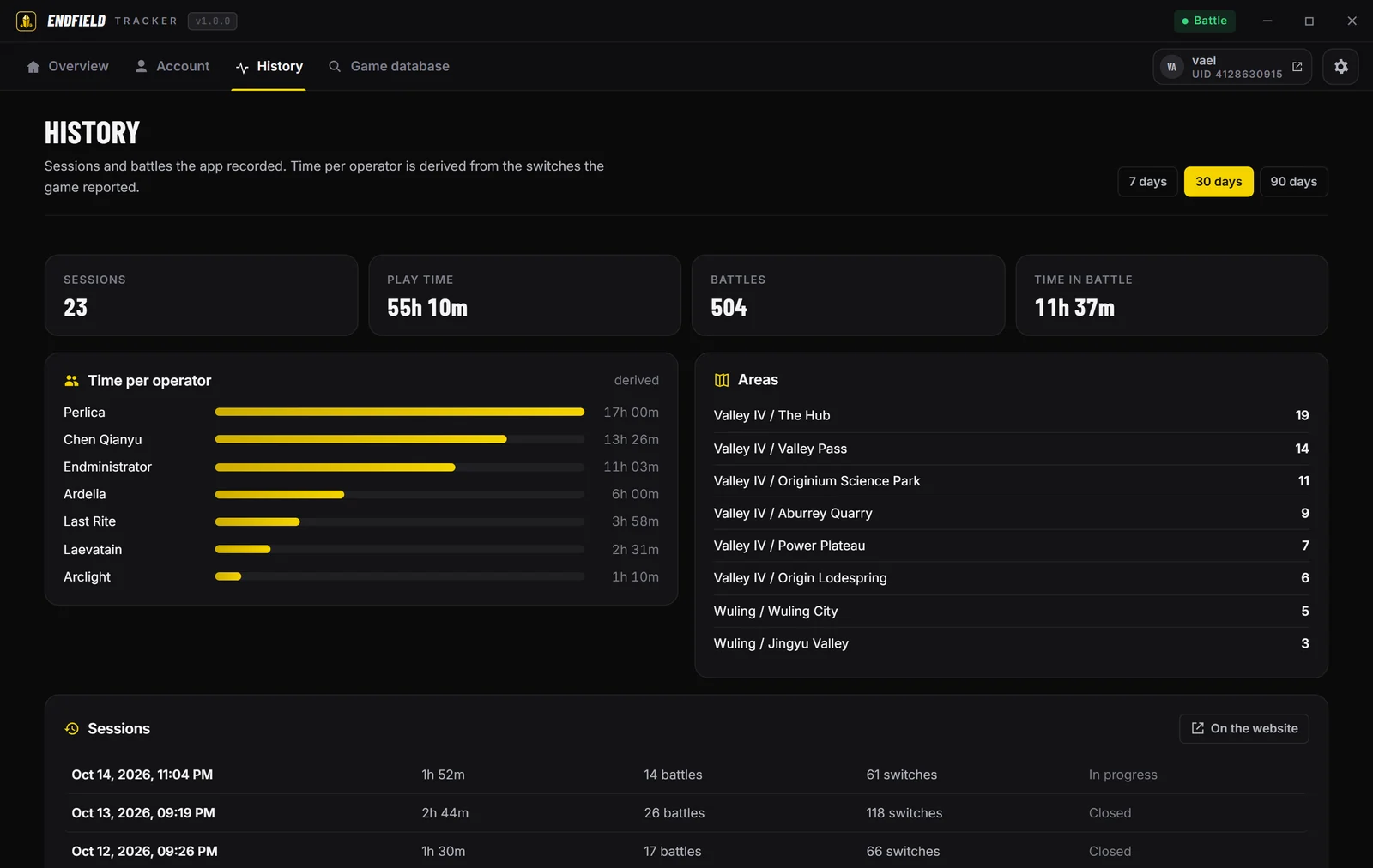 The History tab: sessions, play time, battles, time per operator and areas