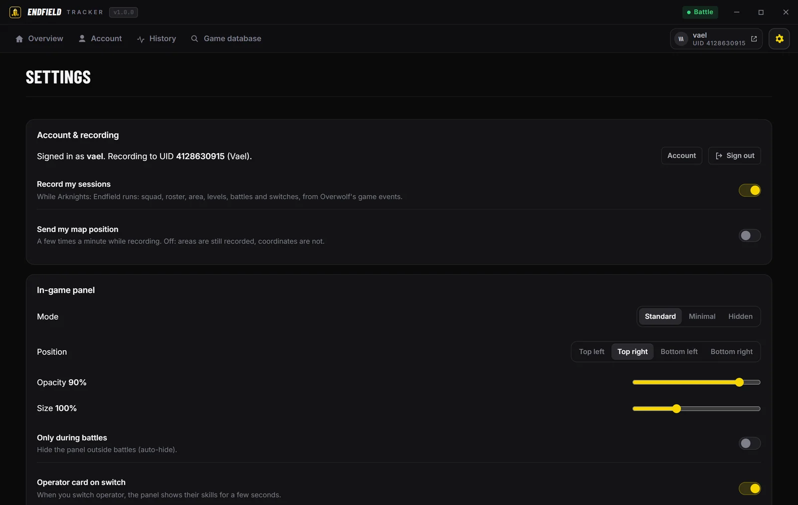 Settings: the in-game panel's mode, corner, opacity and size, and the shortcuts